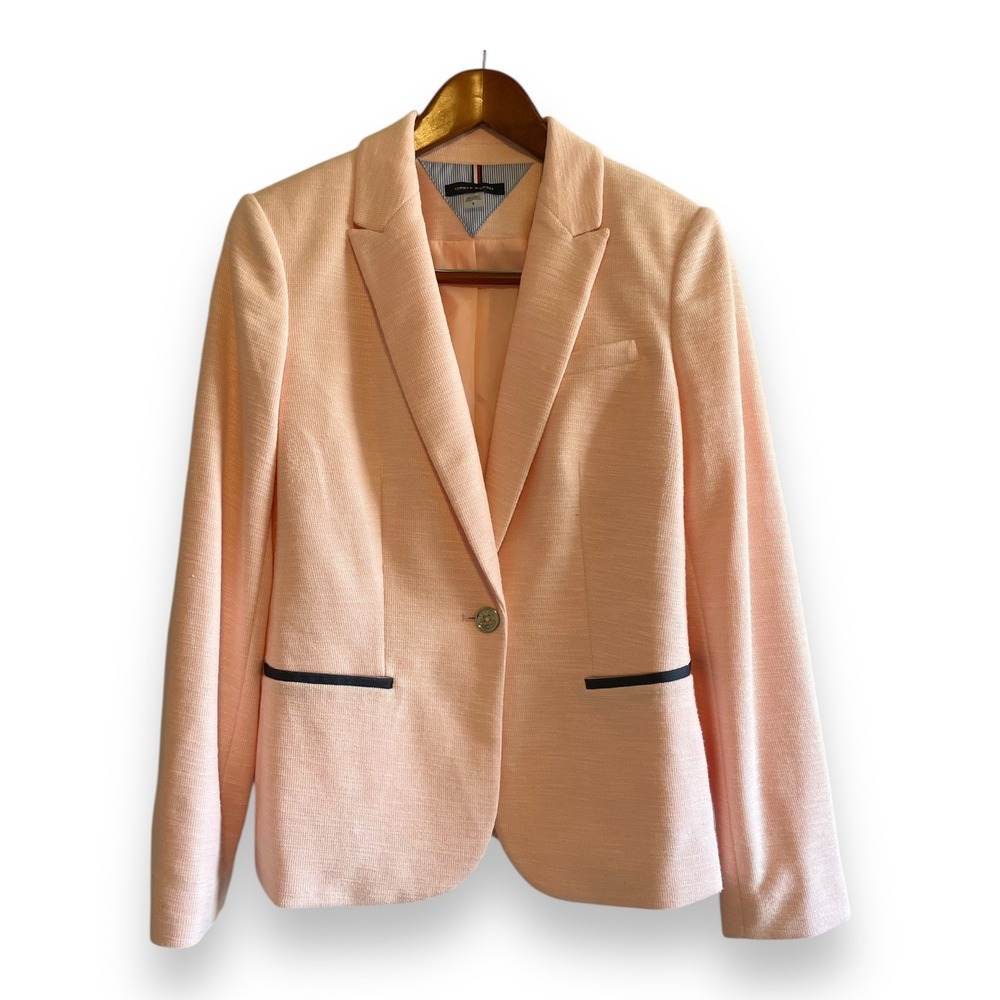 Tommy Hilfiger Womens Blazer Pink Navy Textured Elbow Patch Size 8 Preppy